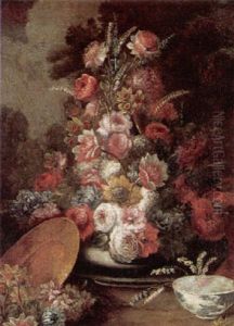 Still Life Of Flowers In A Vase With A Porcelain Bowl, In A Garden Setting by Gasparo Lopez
