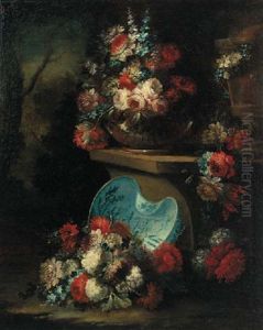 Roses, Carnations And Narcissi In A Glass Bowl On A Stone Ledge, A Porcelain Dish, Roses, Carnations And Narcissi Beneath by Gasparo Lopez
