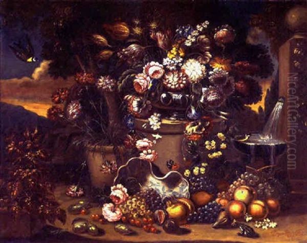 Still Life With Flowers And Fruit, Birds, Butterflies, And Insects, In An Exotic Garden Landscape - view 1