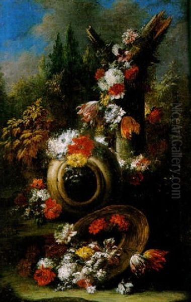 Nature Morte Au Vase Et Panier De Fleurs Dans Un Parc - view 1