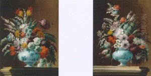 Roses, Carnations, Tulips, Narcissi And Other Flowers In A Blue And White Vase On A Ledge