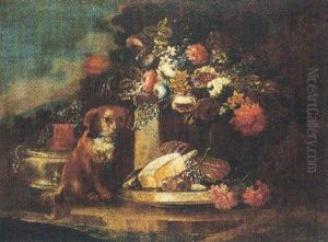 Still Life With Flowers And A Dog With A Dish Of Sweetmeats And Figs In A Garden Setting