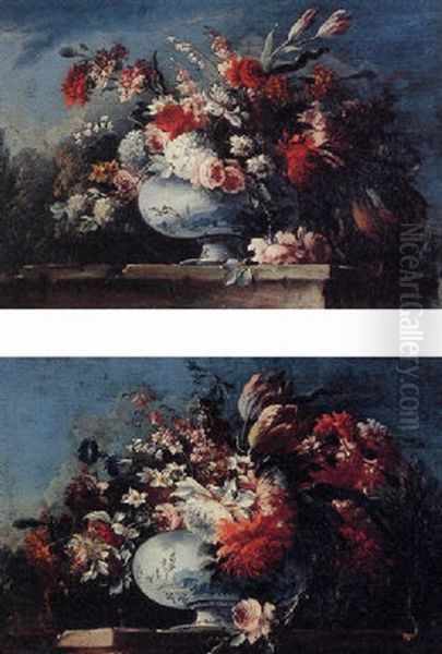 A Still Life Of Flowers In A Blue And White Porcelain Vase Resting On A Ledge - view 1