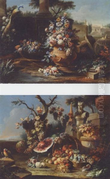 Flowers In An Urn And A Peacock In An Ornamental Garden - view 1