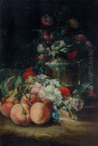 Still Life Of Mixed Flowers In A Vase, With Peaches And Other Flowers On A Ledge by Gasparo Lopez