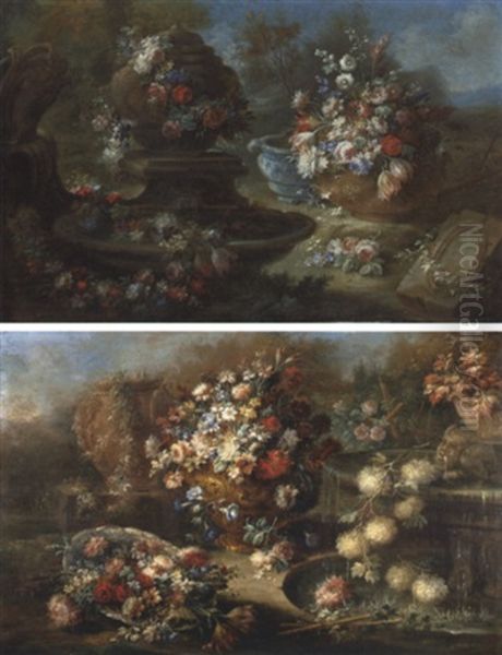 Roses, Parrot Tulips And Other Flowers In An Urn And Draped Around A Fountain, In A Landscape - view 1