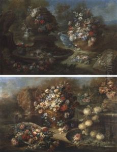 Roses, Parrot Tulips And Other Flowers In An Urn And Draped Around A Fountain, In A Landscape