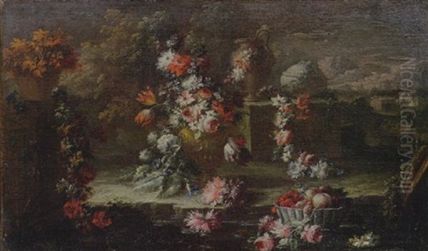 Natura Morta Di Fiori, Frutta E Vasellame - view 1