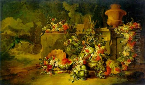 Flowers And Fruit In An Architectural Landscape, Peacocks And Ruins In The Distance - view 1