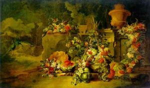 Flowers And Fruit In An Architectural Landscape, Peacocks And Ruins In The Distance
