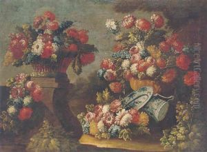 Still Life Of Various Flowers In A Basket And Vase, With A Blue And White Porcelain Dish And Ewer In An Ornamental Garden by Gasparo Lopez
