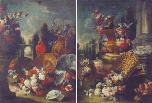 Flowers In An Urn And In A Gilt Ewer, By A Parrot, An Upturned Basket Of Flowers, Fruit And China In A Garden
