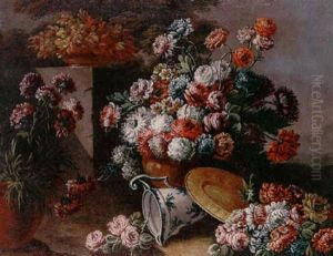 Chrysanthemums And Daffodils In An Earthenware Urn, Together With A Blue And White Jug, A Gilt Dish And Other Flowers In A Landscape