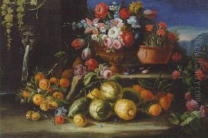 Peonies, Narcissi, Tulips And Other Flowers In A Gilt Bowl With Melons, Oranges And Lemons On A Ledge By A Fountain
