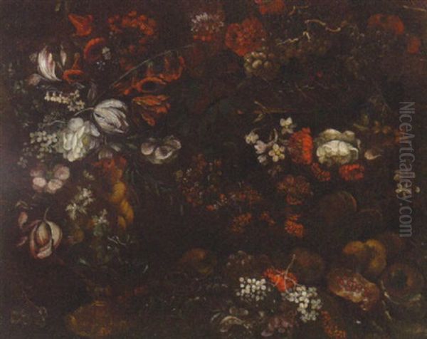 Flowers In Sculpted Urn And In A Basket With Grapes And Pomegranates On A Bank - view 1
