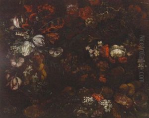 Flowers In Sculpted Urn And In A Basket With Grapes And Pomegranates On A Bank
