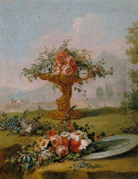Still Life Of Flowers In A Gilt Pedestalled Vase, With Other Flowers Beside A Pewter Dish, A Mountainous Landscape Beyond - view 1