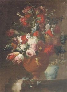 Still Life Of An Urn Of Flowers By A Chinese Blue And White Wine Cup On A Stone Ledge