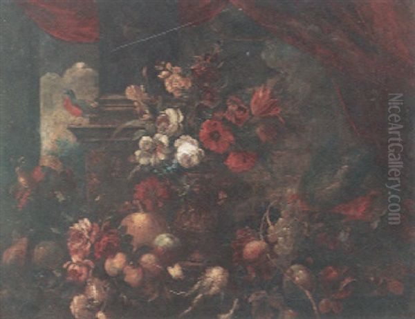 A Still Life With Flowers In A Copper Urn, Flowers And Fruit On A Table And A Robin On A Column Behind - view 1