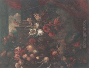 A Still Life With Flowers In A Copper Urn, Flowers And Fruit On A Table And A Robin On A Column Behind by Gasparo Lopez