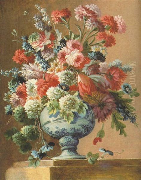 Mixed Flowers In A Blue And White Baluster Vase - view 1
