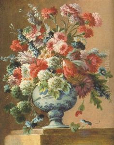 Mixed Flowers In A Blue And White Baluster Vase by Gasparo Lopez