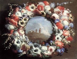 A Pastoral Scene Set Within A Garland Of Flowers A Pastoral Scene Set Within A Garland Of Flowers
