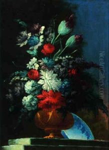 Carnations, Peonies, Tulips And Other Flowers In An Urn On A Ledge With A Blue And White Bowl by Gasparo Lopez