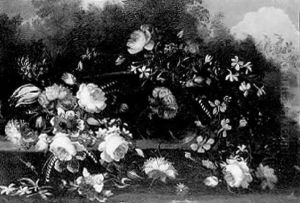 Flowers In A Glass Vase On A Stone Ledge In A Landscape by Gasparo Lopez