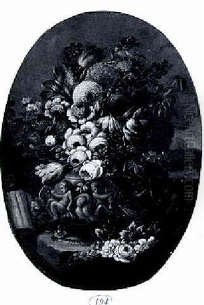 Tulips, Roses, Carnations, And Other Flowers On A Stone Base Among Classical Masonry Before A Landscape - view 1