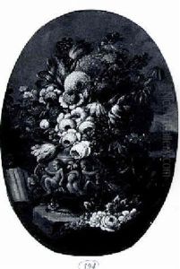 Tulips, Roses, Carnations, And Other Flowers On A Stone Base Among Classical Masonry Before A Landscape