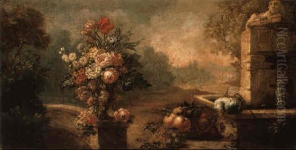 Flowers In An Urn On A Wall With A Basket Of Fruit By A Fountain - view 1