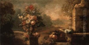 Flowers In An Urn On A Wall With A Basket Of Fruit By A Fountain by Gasparo Lopez