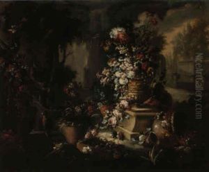 Still Life Of Flowers Ina Gilt Urn With Other Flowers In The Garden Of A Villa