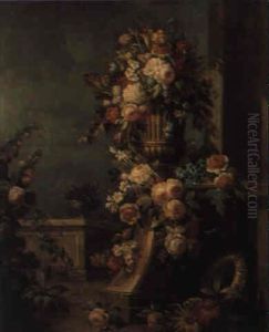 Groses Dekoratives Blumenstilleben In Einem Italienischen Palastgarten