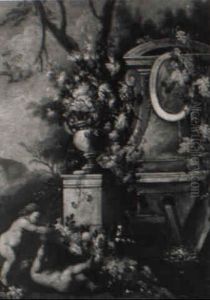 Spielende Putten An Einem Blumengeschmuckten, Steinernen Brunnen by Gasparo Lopez
