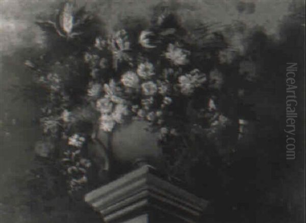 Roses And Other Flowers In An Urn On A Pedestal - view 1
