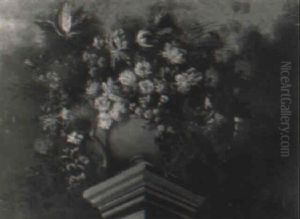 Roses And Other Flowers In An Urn On A Pedestal