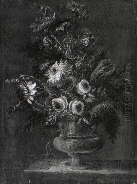 Roses And Other Flowers In A Terracotta Vase On A Stone Ledge - view 1
