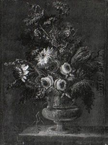 Roses And Other Flowers In A Terracotta Vase On A Stone Ledge Roses And Other Flowers In A Terracotta Vase On A Stone Ledge