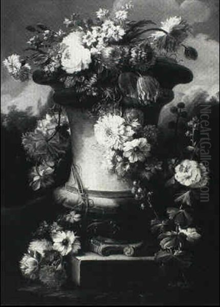 Still Life With Flowers In A Stone Urn On A Stone Pedestal In A Landscape - view 1