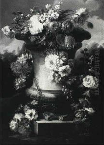 Still Life With Flowers In A Stone Urn On A Stone Pedestal  In A Landscape
