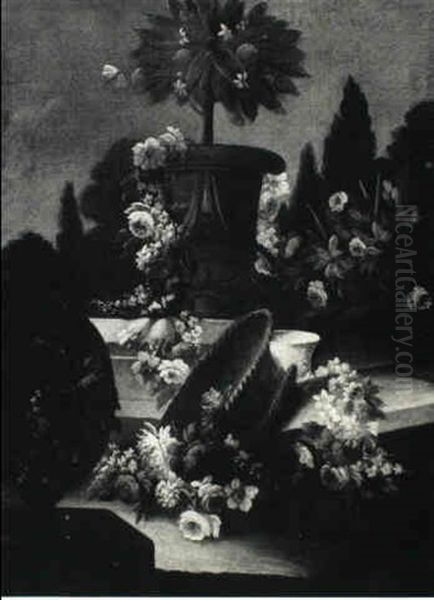 Still Life Of A Lemon Tree In A Sculpted Urn Draped With A  Garland Of Flowers, An Overturned Basket With Flowers... - view 1