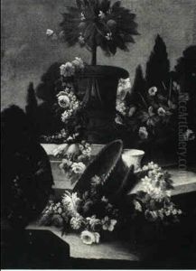 Still Life Of A Lemon Tree In A Sculpted Urn Draped With A  Garland Of Flowers, An Overturned Basket With Flowers...
