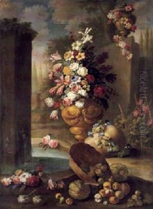 Still Life Of Flowers In An Urn With Fruit In A Garden      Setting