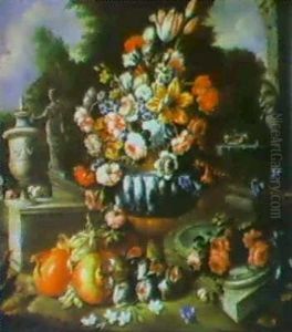 Still Life With A Vase Of Flowers, Pomegranates And Figs In A Landscape With Clasical Statuary
