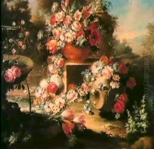 Nature Mortes De Vases Et De Guirlandes De Fleurs Pres De   Fontaines Dans Un Paysage Boise (55x70; 55.5x70.5 Cm) (2)