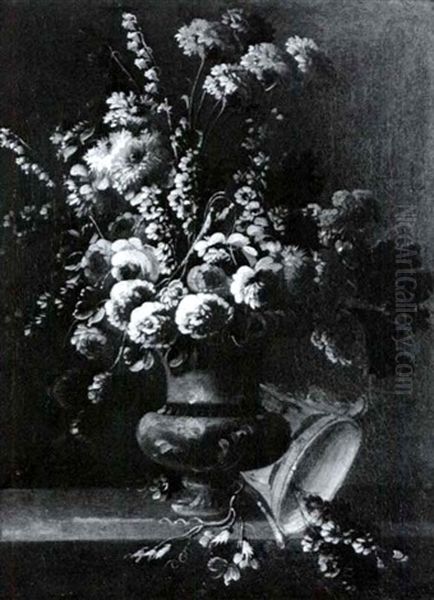 Still Life Of Flowers In A Vase With An Overturned Blue And White Porcelain Vase, All On A Ledge - view 1
