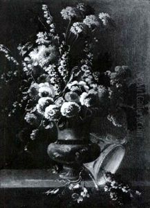 Still Life Of Flowers In A Vase With An Overturned Blue     And White Porcelain Vase, All On A Ledge