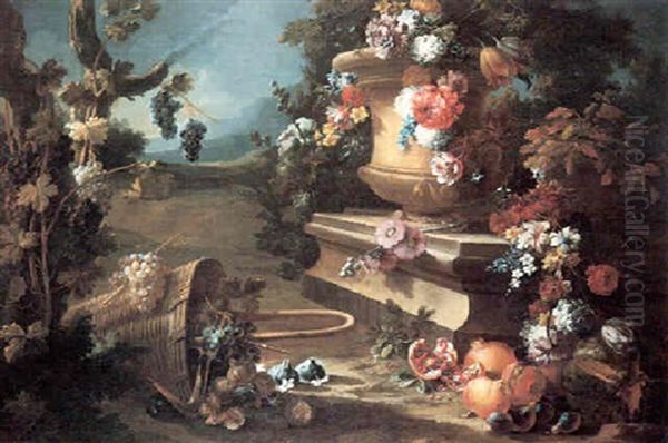 Flowers In A Stone Urn On A Pedestal, And Grapes, Figs, Pomegranates, Plums And A Mel-on In An Overturned Basket In - view 1